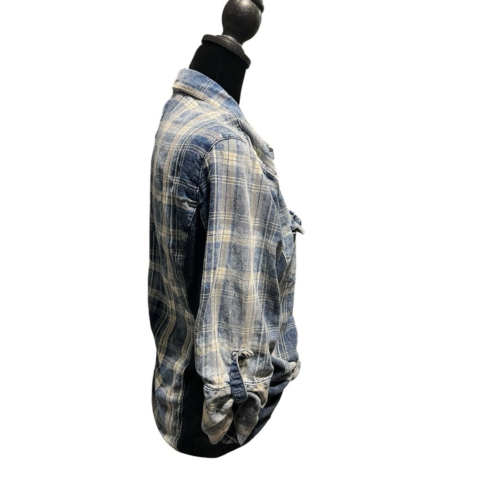 Ci Sono Button Down Shirt Large Blue Plaid Fitted Roll Tab Sleeves Western PTP22 - Picture 4 of 5